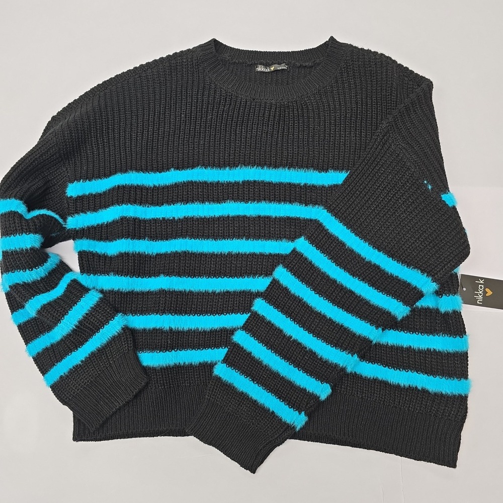 NWT Nikkak Black Blue‎ Striped Fuzzy Knit Sweater Pullover Women's Size M